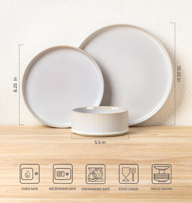 Alt view image 7 of 7 - Ceramic Dinnerware Set for 4, 12-Piece Plates and Bowls Set
Lightweight Porcelain Dish Set, Scratch Resistant, Oven & Microwave & Dishwasher Safe, Reactive White
