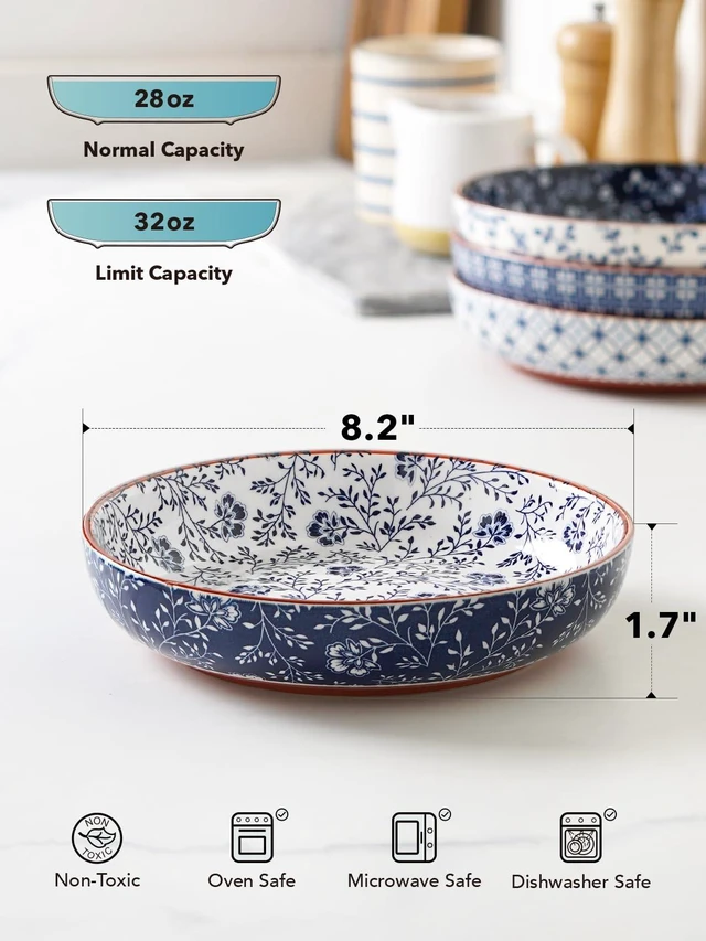 Alt view image 4 of 7 - Pasta Bowl 32 oz, Ceramic Salad Bowl Set of 4, Japanese-Style Porcelain Bowls for Pasta, Salad, Soup, Noodle, Rice, Microwave & Dishwasher Safe - 8.2 Inch, Blue & White
