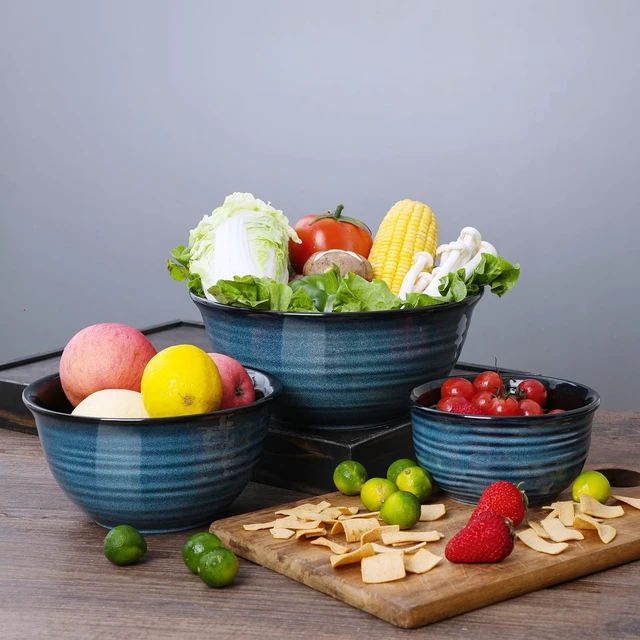 Alt view image 6 of 6 - Ceramic Serving Bowls Set, 2.1/1.0/0.5 Qt Nesting Bowls, Blue
Handmade Medium Mixing Bowls for Entertaining and Party, Kitchen Bowls for Housewarming Gifts, Microwave Dishwasher Safe