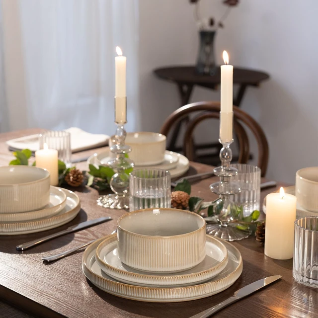 Alt view image 7 of 7 - Star Stoneware Dinnerware Set, Reactive Glaze Plates & Bowls for 4
12 pcs Handmade Ribbed Dishes, Chip & Scratch Resistant Ceramic. Microwave & Dishwasher Safe, Modern Luxury, Cappuccino White