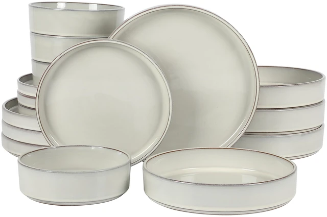 Main image of Two Time Oprah's Favorite Things Winner - Santorini Mist Double Bowl Terracotta Reactive Glaze Plates and Bowls Dinnerware Set - Moonstone White, Service for Four (16pcs)