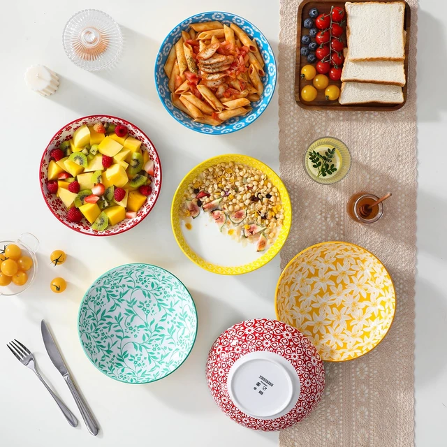Alt view image 6 of 7 - 8.5" Pasta Bowls Set of 6, 40 oz Porcelain Shallow Salad Bowls, Serving Bowls Large Kitchen Bowl Plates Pasta Dishes Plates, Colorful Floral Design, Microwave Safe, Series SELENE