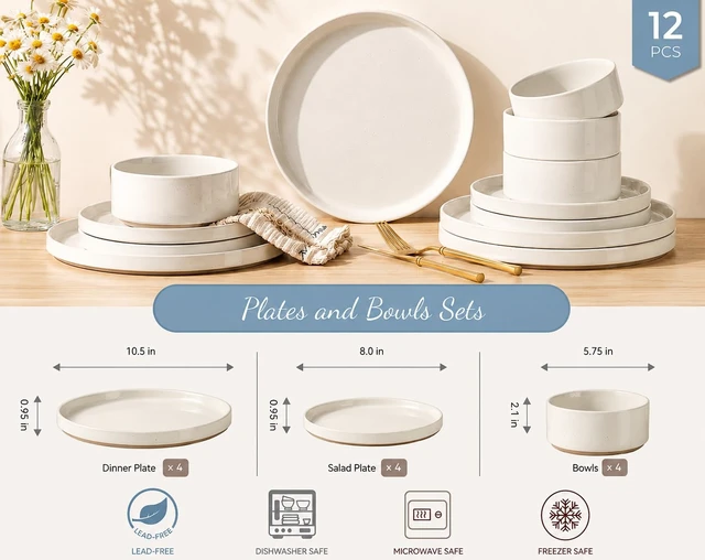 Alt view image 2 of 7 - Stoneware Dinnerware Sets for 4,12 Pcs Plates and Bowls Set
Handmade Ceramic Dish Set,Dishwasher & Microwave Safe,Scratch Resistant-Beige
