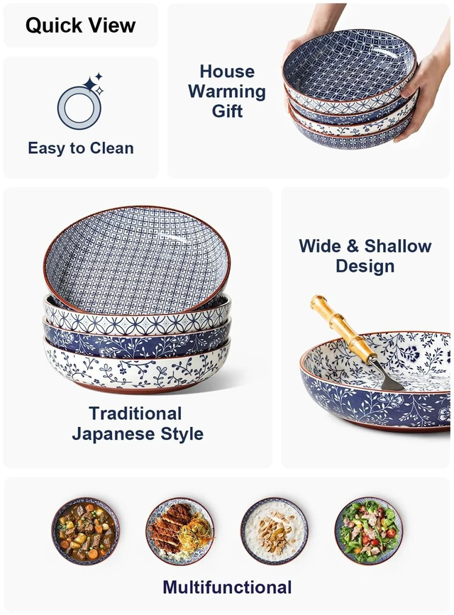 Alt view image 5 of 7 - Pasta Bowl 32 oz, Ceramic Salad Bowl Set of 4, Japanese-Style Porcelain Bowls for Pasta, Salad, Soup, Noodle, Rice, Microwave & Dishwasher Safe - 8.2 Inch, Blue & White