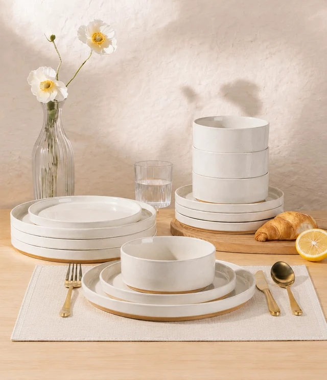Alt view image 3 of 7 - Stoneware Dinnerware Sets for 4,12 Pcs Plates and Bowls Set
Handmade Ceramic Dish Set,Dishwasher & Microwave Safe,Scratch Resistant-Beige