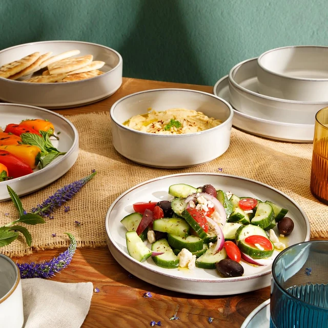 Alt view image 2 of 7 - Two Time Oprah's Favorite Things Winner - Santorini Mist Double Bowl Terracotta Reactive Glaze Plates and Bowls Dinnerware Set - Moonstone White, Service for Four (16pcs)