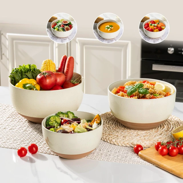 Alt view image 7 of 7 - Ceramic Mixing Bowls,Stoneware Nesting Bowls Set of 3 for Kitchen
Rustic Terracotta Underside for Mixing,Cooking,Baking,Salad,Microwave&Dishwasher Safe 4.6/2.8/1.3 Qt-Beige