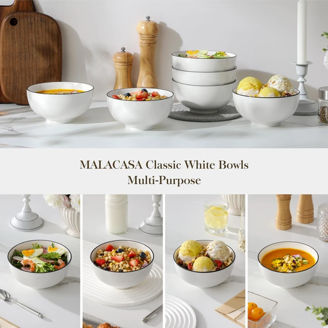 Alt view image 5 of 7 - 26 Oz Ceramic Cereal Bowls Set of 6 - White Bowl wtih Black Rim
Perfect for soup, cereal, ramen, rice, oatmeal & salad; Scratch-resistant; stackable, microwave, oven & dishwasher safe