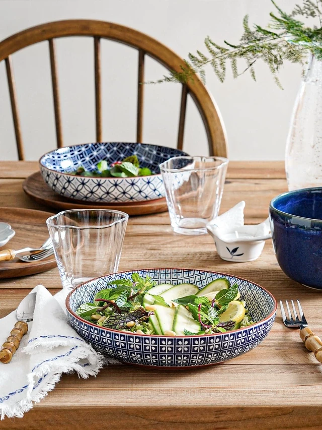 Alt view image 6 of 7 - Pasta Bowl 32 oz, Ceramic Salad Bowl Set of 4, Japanese-Style Porcelain Bowls for Pasta, Salad, Soup, Noodle, Rice, Microwave & Dishwasher Safe - 8.2 Inch, Blue & White
