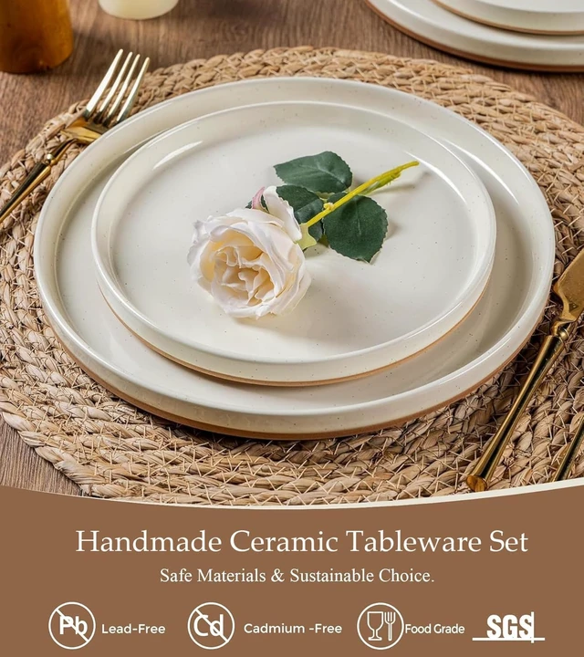 Alt view image 4 of 7 - Stoneware Dinnerware Sets for 4,12 Pcs Plates and Bowls Set
Handmade Ceramic Dish Set,Dishwasher & Microwave Safe,Scratch Resistant-Beige