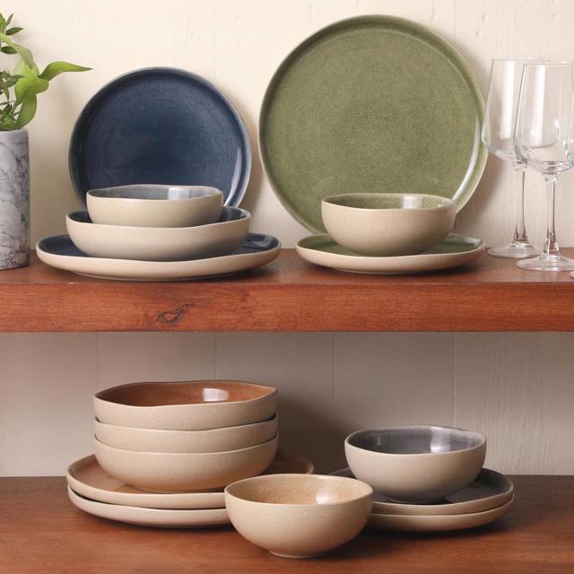 Alt view image 2 of 7 - Manila Bay 16-Piece Stoneware Dinnerware Set, Service for 4, Reactive Glaze Modern Artisan Plates, Bowls & Mugs, Assorted Colors, Round Design