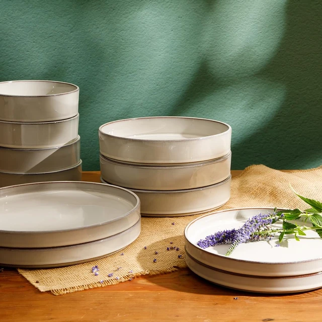 Alt view image 4 of 7 - Two Time Oprah's Favorite Things Winner - Santorini Mist Double Bowl Terracotta Reactive Glaze Plates and Bowls Dinnerware Set - Moonstone White, Service for Four (16pcs)