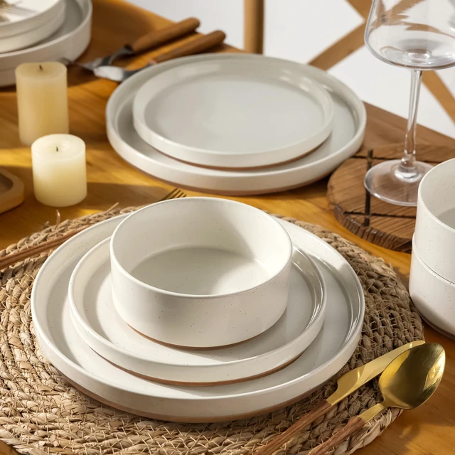 Alt view image 5 of 7 - Stoneware Dinnerware Sets for 4,12 Pcs Plates and Bowls Set
Handmade Ceramic Dish Set,Dishwasher & Microwave Safe,Scratch Resistant-Beige