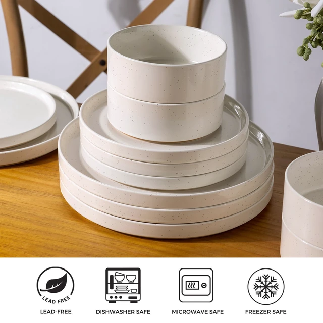Alt view image 6 of 7 - Stoneware Dinnerware Sets for 4,12 Pcs Plates and Bowls Set
Handmade Ceramic Dish Set,Dishwasher & Microwave Safe,Scratch Resistant-Beige