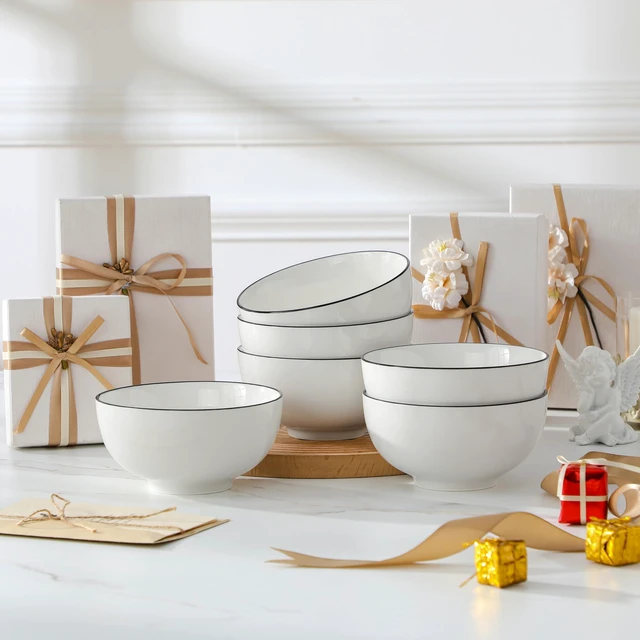 Alt view image 7 of 7 - 26 Oz Ceramic Cereal Bowls Set of 6 - White Bowl wtih Black Rim
Perfect for soup, cereal, ramen, rice, oatmeal & salad; Scratch-resistant; stackable, microwave, oven & dishwasher safe