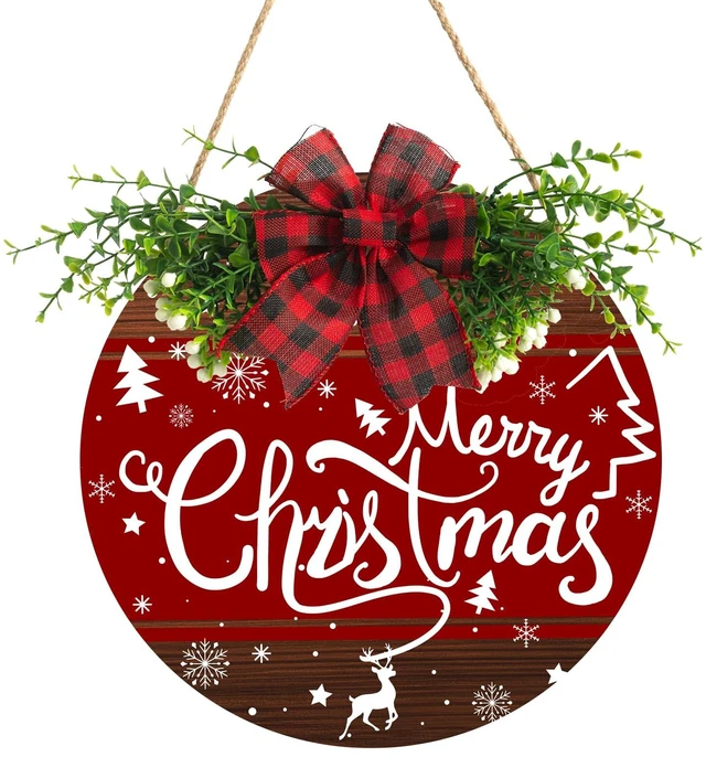 Main image of Merry Christmas Sign Wreath for Front Door Decor 12x12 in Christma Tree Welcome Sign Hanging Door Decoration Xmas ELK Holiday Welcome Sign for Home Farmhouse Porch Wall Indoor Outdoor