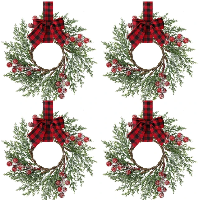 Main image of 4 Pcs Christmas Mini Cabinet Wreaths with Buffalo Bow Norfolk Pine
Red Berry Artificial Small Kitchen Wreath for Window Front Door Farmhouse Wall Xmas Decorations
