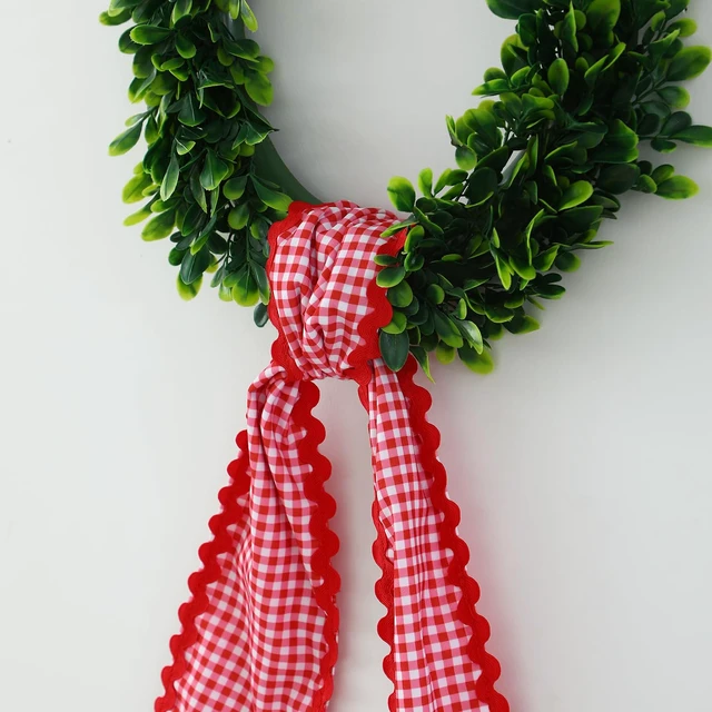 Alt view image 2 of 6 - Wreath Sash for Front Door, Red Plaid with White Trim
Rick Rack Trim, Durable Canvas Fabric, Wreath Accessories for Yard, Doorway, Bridal, Shower, Xmas, Home