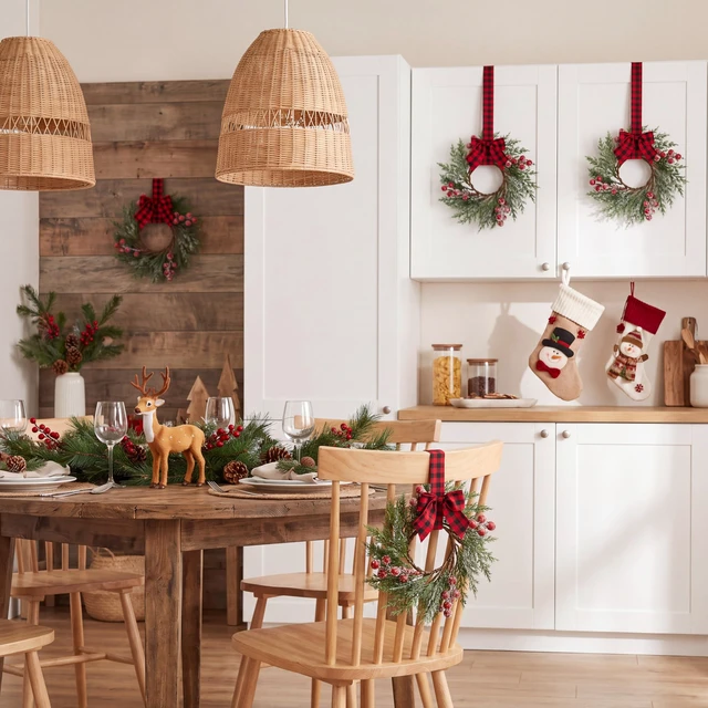 Alt view image 2 of 7 - 4 Pcs Christmas Mini Cabinet Wreaths with Buffalo Bow Norfolk Pine
Red Berry Artificial Small Kitchen Wreath for Window Front Door Farmhouse Wall Xmas Decorations