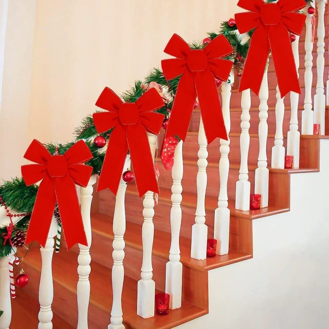 Alt view image 7 of 7 - 10 Pack Red Bows Christmas Tree Decorations,9x13Large Velvet Ornament Bow with Glitter Gold Edge for Xmas Home Wreath Fence Stairs Railing Fireplace Indoor Outdoor Front Door Decor