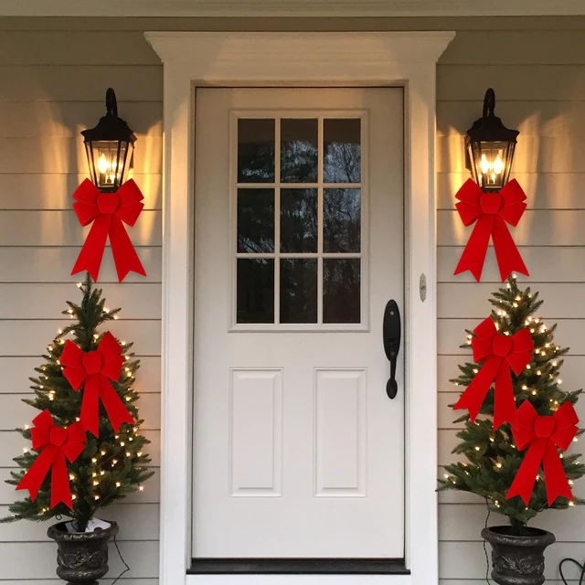 Alt view image 2 of 7 - 6 Pcs Christmas Red Bow 12 x 9 Inches Wreath Bows Christmas Velvet Bows Large Xmas Tree Decorations PVC Hanging Ornaments Handmade Crafts for Home Indoor Outdoor Fence Stairs Railing Party