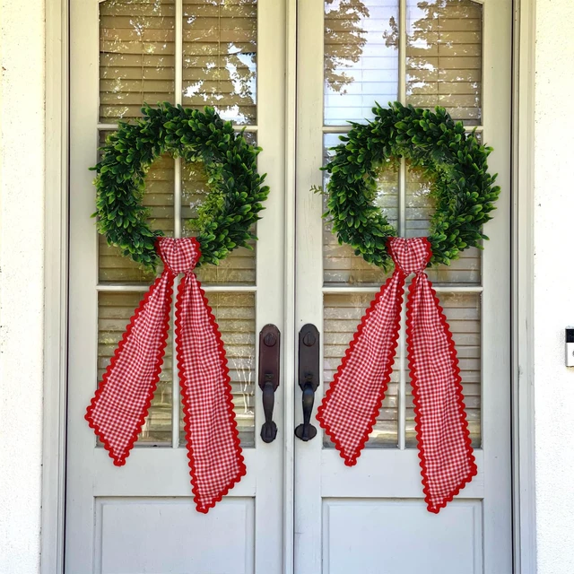 Alt view image 4 of 6 - Wreath Sash for Front Door, Red Plaid with White Trim
Rick Rack Trim, Durable Canvas Fabric, Wreath Accessories for Yard, Doorway, Bridal, Shower, Xmas, Home