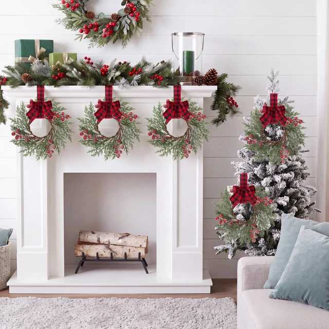 Alt view image 3 of 7 - 4 Pcs Christmas Mini Cabinet Wreaths with Buffalo Bow Norfolk Pine
Red Berry Artificial Small Kitchen Wreath for Window Front Door Farmhouse Wall Xmas Decorations
