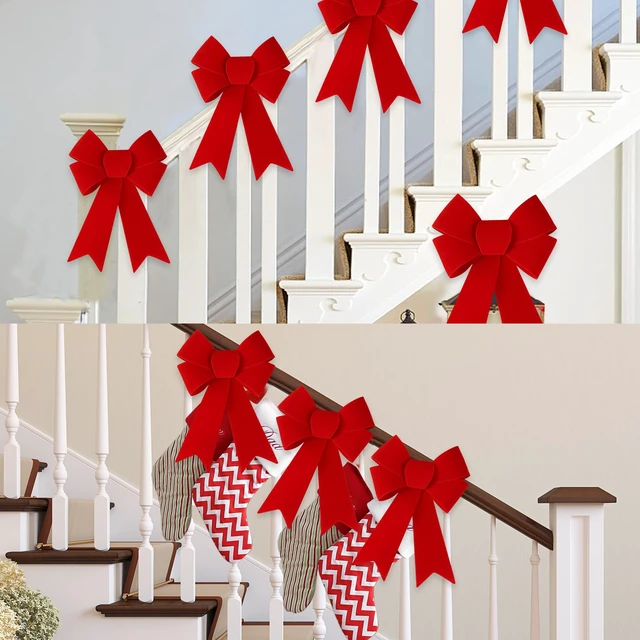 Alt view image 3 of 7 - 6 Pcs Christmas Red Bow 12 x 9 Inches Wreath Bows Christmas Velvet Bows Large Xmas Tree Decorations PVC Hanging Ornaments Handmade Crafts for Home Indoor Outdoor Fence Stairs Railing Party