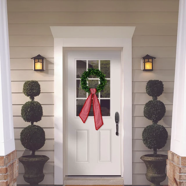 Alt view image 5 of 6 - Wreath Sash for Front Door, Red Plaid with White Trim
Rick Rack Trim, Durable Canvas Fabric, Wreath Accessories for Yard, Doorway, Bridal, Shower, Xmas, Home
