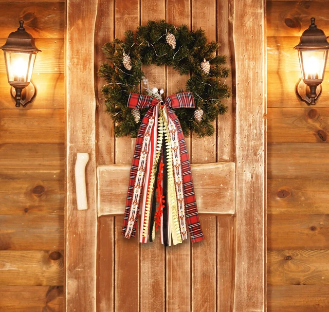 Alt view image 3 of 5 - Christmas Red Plaid Wreath Bows for Front Door, Xmas Trees Lace Ribbon Bowknot Holiday Bows Accessories for Wreath Christmas Decorations