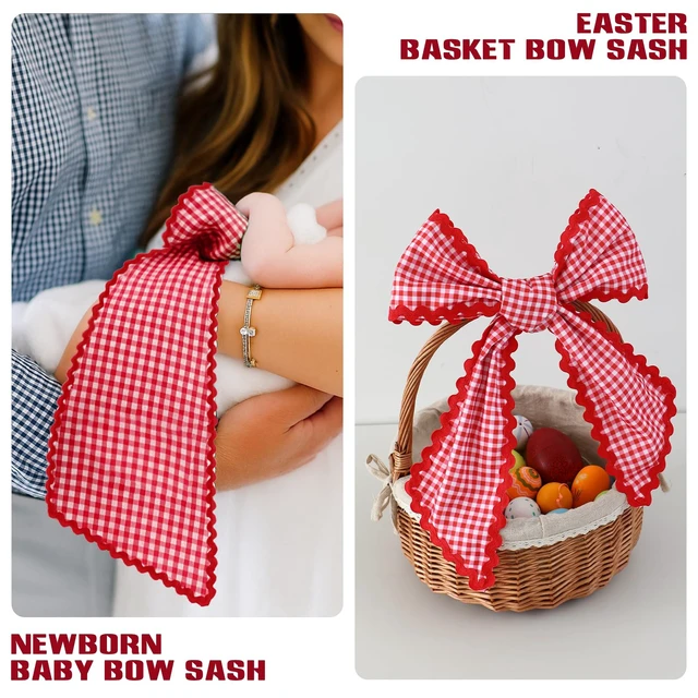 Alt view image 6 of 6 - Wreath Sash for Front Door, Red Plaid with White Trim
Rick Rack Trim, Durable Canvas Fabric, Wreath Accessories for Yard, Doorway, Bridal, Shower, Xmas, Home