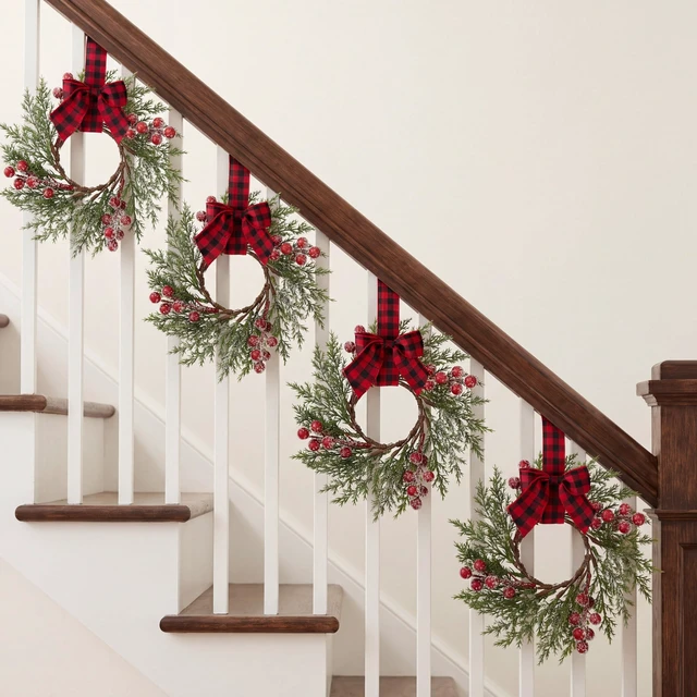Alt view image 4 of 7 - 4 Pcs Christmas Mini Cabinet Wreaths with Buffalo Bow Norfolk Pine
Red Berry Artificial Small Kitchen Wreath for Window Front Door Farmhouse Wall Xmas Decorations