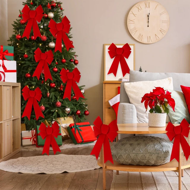 Alt view image 4 of 7 - 6 Pcs Christmas Red Bow 12 x 9 Inches Wreath Bows Christmas Velvet Bows Large Xmas Tree Decorations PVC Hanging Ornaments Handmade Crafts for Home Indoor Outdoor Fence Stairs Railing Party