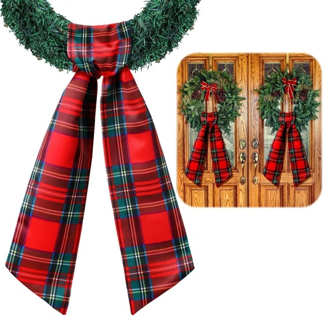 Main image of 2 Pcs Red Plaid Wreath Sash for Front Door, Bow Ribbon Decor
Tartan Double Layer, Christmas Wreath Garland Holiday Decor, Indoor Outdoor Doorway Yard Party, Xmas Ornament Accessory