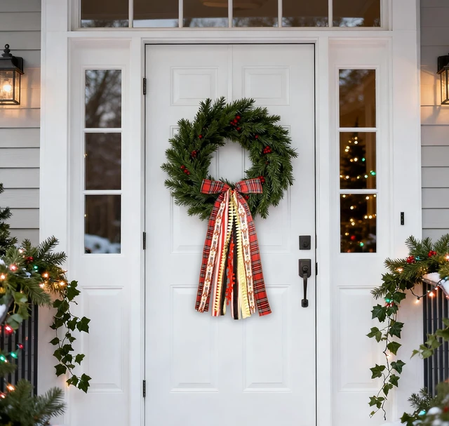 Alt view image 4 of 5 - Christmas Red Plaid Wreath Bows for Front Door, Xmas Trees Lace Ribbon Bowknot Holiday Bows Accessories for Wreath Christmas Decorations