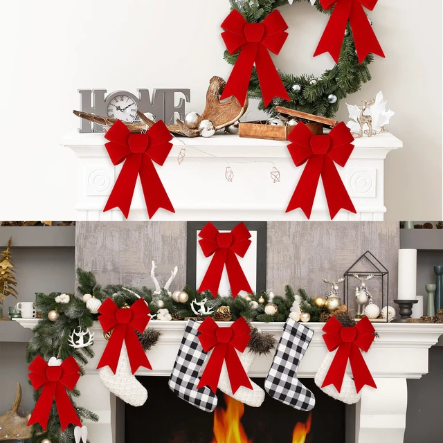 Alt view image 5 of 7 - 6 Pcs Christmas Red Bow 12 x 9 Inches Wreath Bows Christmas Velvet Bows Large Xmas Tree Decorations PVC Hanging Ornaments Handmade Crafts for Home Indoor Outdoor Fence Stairs Railing Party