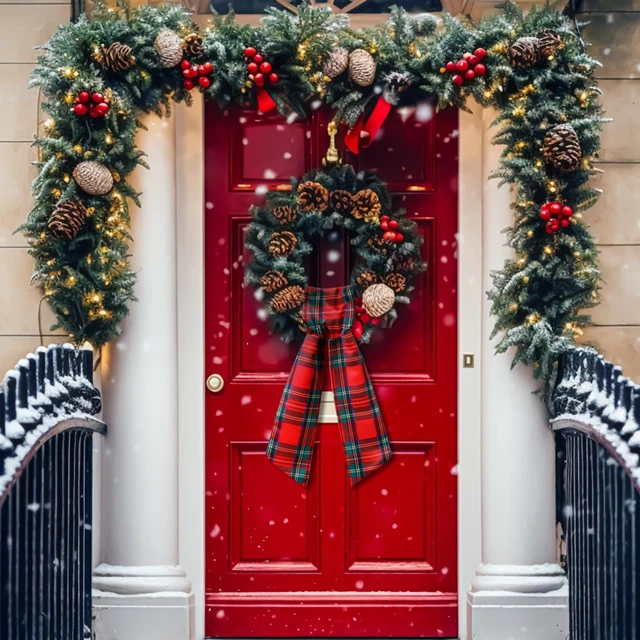 Alt view image 2 of 6 - 2 Pcs Red Plaid Wreath Sash for Front Door, Bow Ribbon Decor
Tartan Double Layer, Christmas Wreath Garland Holiday Decor, Indoor Outdoor Doorway Yard Party, Xmas Ornament Accessory