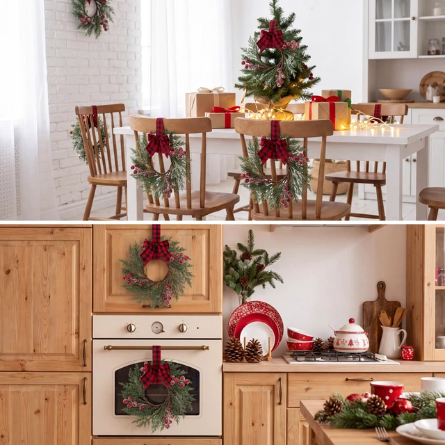 Alt view image 5 of 7 - 4 Pcs Christmas Mini Cabinet Wreaths with Buffalo Bow Norfolk Pine
Red Berry Artificial Small Kitchen Wreath for Window Front Door Farmhouse Wall Xmas Decorations