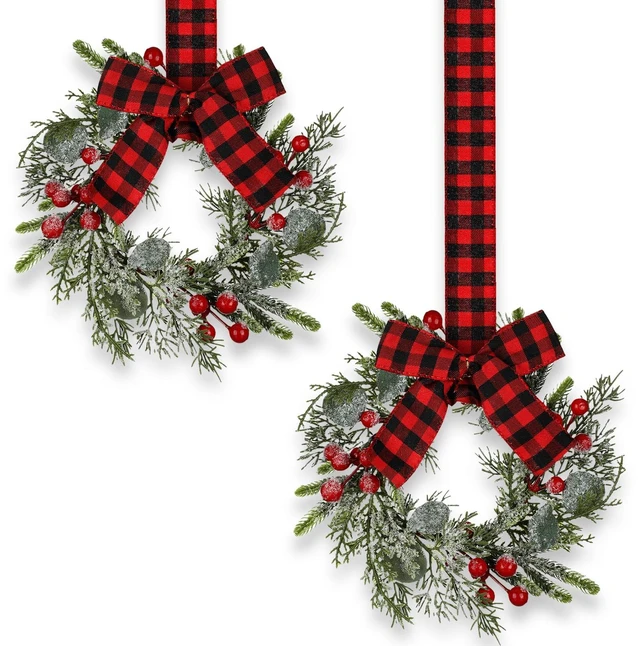 Main image of 2 Pcs 9 Inch Small Christmas Wreaths for Kitchen Cabinet with Ribbon