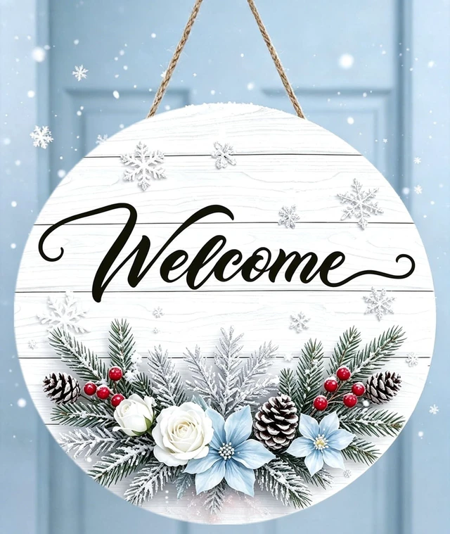 Main image of Winter Welcome Wreath Signs for Front Door, Christmas Hanging Wall Decor
Wooden Hanger for Home Outside Decorations, 11.8in Diameter, Rustic Xmas Gift for Farmhouse Outdoor