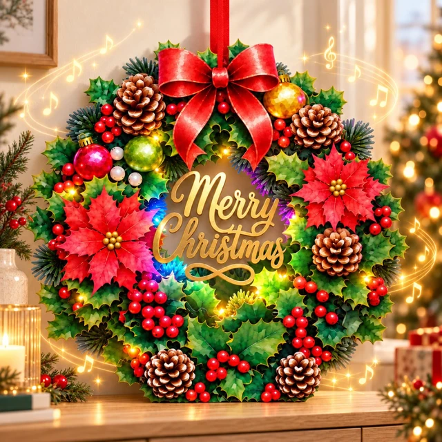 Main image of Musical Christmas Card, 3D Christmas Wreath Door Decor with 3 Songs
Tabletop & Door Hanging Display with Ribbon, Ready to Hang, Music & Light, White Pearl Envelope, Note Card, Seal for Home