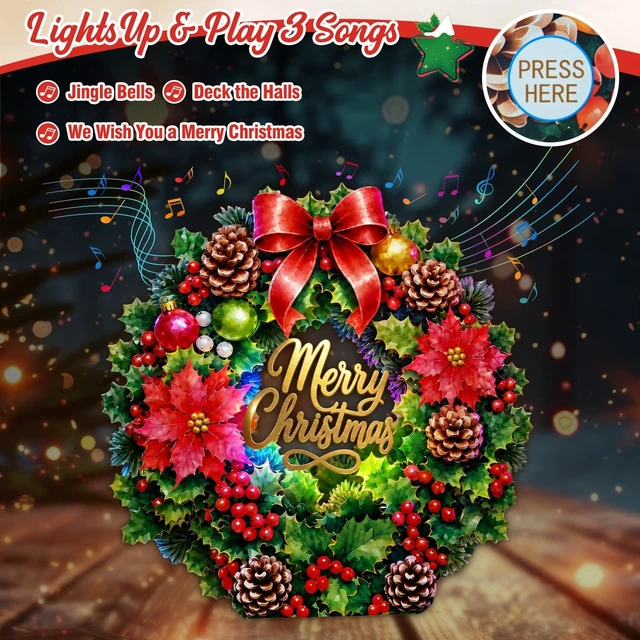 Alt view image 2 of 7 - Musical Christmas Card, 3D Christmas Wreath Door Decor with 3 Songs
Tabletop & Door Hanging Display with Ribbon, Ready to Hang, Music & Light, White Pearl Envelope, Note Card, Seal for Home