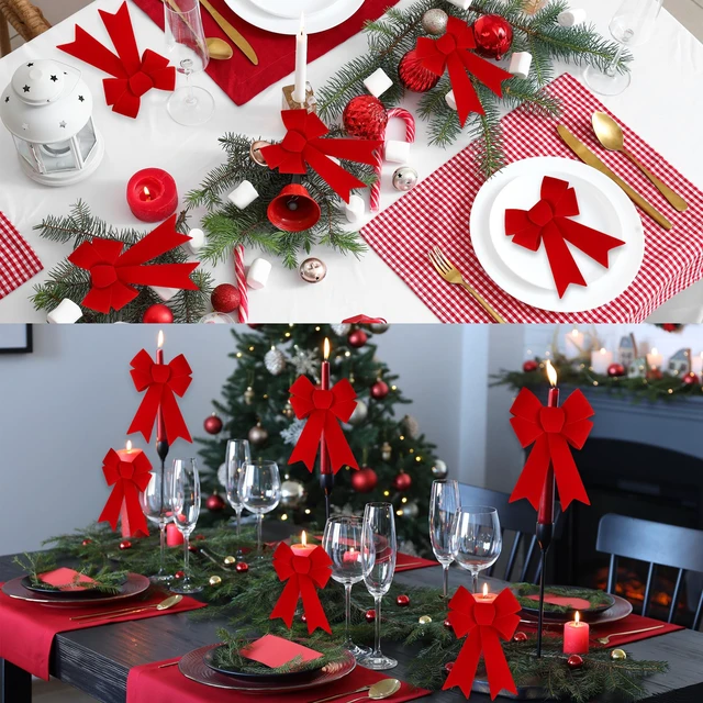 Alt view image 6 of 7 - 6 Pcs Christmas Red Bow 12 x 9 Inches Wreath Bows Christmas Velvet Bows Large Xmas Tree Decorations PVC Hanging Ornaments Handmade Crafts for Home Indoor Outdoor Fence Stairs Railing Party