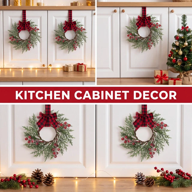 Alt view image 6 of 7 - 4 Pcs Christmas Mini Cabinet Wreaths with Buffalo Bow Norfolk Pine
Red Berry Artificial Small Kitchen Wreath for Window Front Door Farmhouse Wall Xmas Decorations