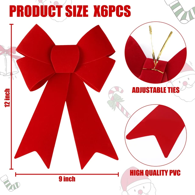 Alt view image 7 of 7 - 6 Pcs Christmas Red Bow 12 x 9 Inches Wreath Bows Christmas Velvet Bows Large Xmas Tree Decorations PVC Hanging Ornaments Handmade Crafts for Home Indoor Outdoor Fence Stairs Railing Party