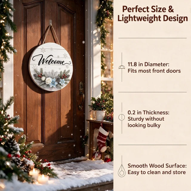 Alt view image 3 of 7 - Winter Welcome Wreath Signs for Front Door, Christmas Hanging Wall Decor
Wooden Hanger for Home Outside Decorations, 11.8in Diameter, Rustic Xmas Gift for Farmhouse Outdoor