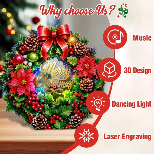 Alt view image 4 of 7 - Musical Christmas Card, 3D Christmas Wreath Door Decor with 3 Songs
Tabletop & Door Hanging Display with Ribbon, Ready to Hang, Music & Light, White Pearl Envelope, Note Card, Seal for Home