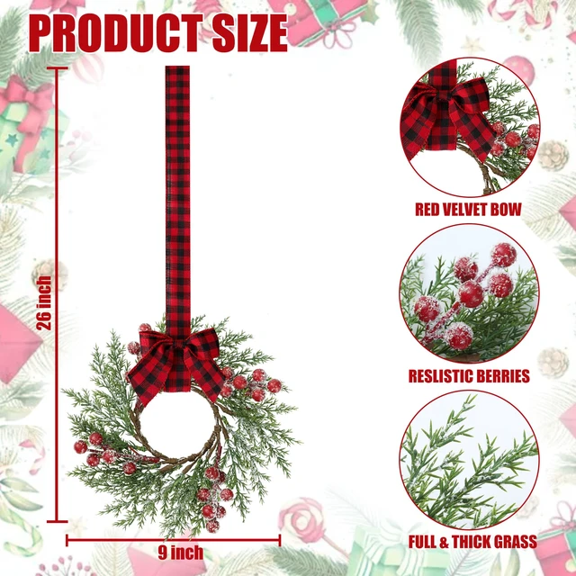 Alt view image 7 of 7 - 4 Pcs Christmas Mini Cabinet Wreaths with Buffalo Bow Norfolk Pine
Red Berry Artificial Small Kitchen Wreath for Window Front Door Farmhouse Wall Xmas Decorations