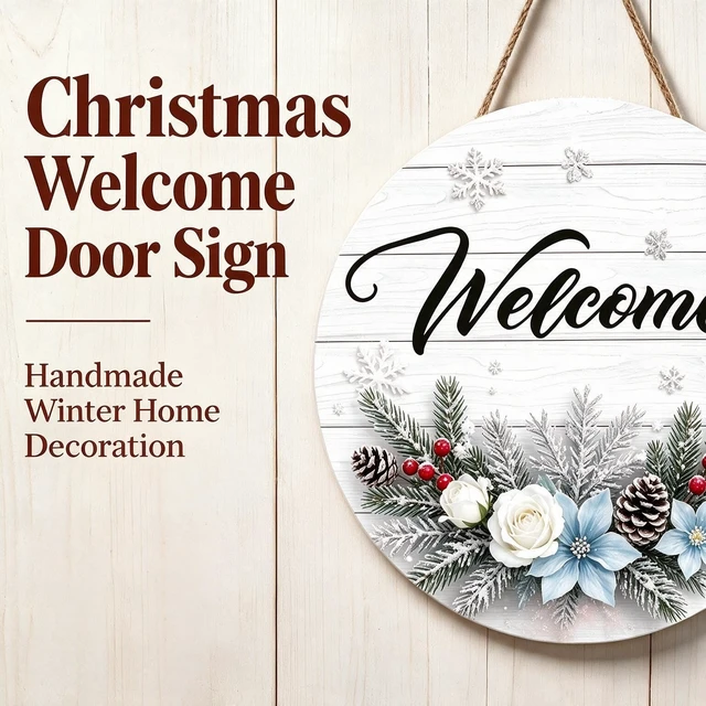 Alt view image 4 of 7 - Winter Welcome Wreath Signs for Front Door, Christmas Hanging Wall Decor
Wooden Hanger for Home Outside Decorations, 11.8in Diameter, Rustic Xmas Gift for Farmhouse Outdoor