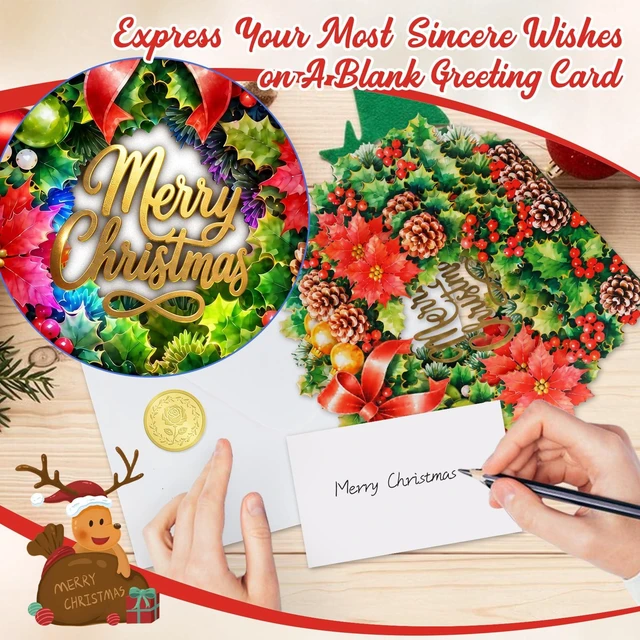 Alt view image 5 of 7 - Musical Christmas Card, 3D Christmas Wreath Door Decor with 3 Songs
Tabletop & Door Hanging Display with Ribbon, Ready to Hang, Music & Light, White Pearl Envelope, Note Card, Seal for Home